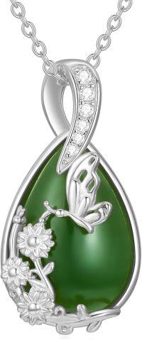 wholesale 925 Sterling Silver Pendant w/Green Jade & CZs - Floral Design Necklaces Gift Ideas for Her-Butterfly-White Gold