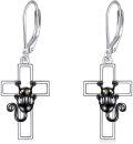 wholesale 925 Sterling Silver Cross with Black Cat Drop Earrings Leverback Jewelry for Women and Girls-0-0