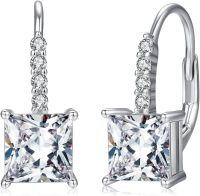 wholesale 925 Sterling Silver CZ Princess Cut Square Drop Leverback Earrings-Square