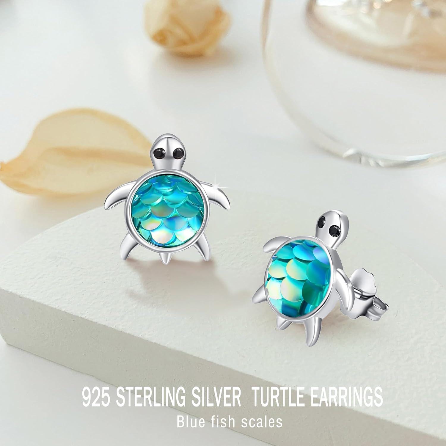 Sterling Silver Mermaid Scale Cute Turtle Stud Earrings Ocean Theme-0-4