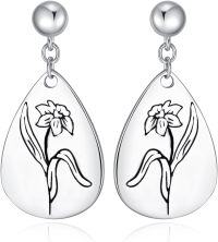 wholesale Sterling Silver Floral Teardrop Earrings w Birth Flower Engraved Gift for Women-3-March-Daffodil