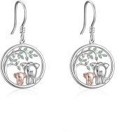 wholesale 925 Sterling Silver Elephant Tree of Life Drop Earrings with Green CZ Stones-Elephant Earrings