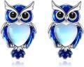 wholesale 925 Sterling Silver Owl Stud Earrings with Blue Enamel and Moonstone Gemstones - Fashionable Gift for Women-0-0