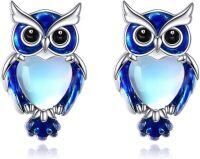 wholesale 925 Sterling Silver Owl Stud Earrings with Blue Enamel and Moonstone Gemstones - Fashionable Gift for Women-Animal earrings-owl earrings