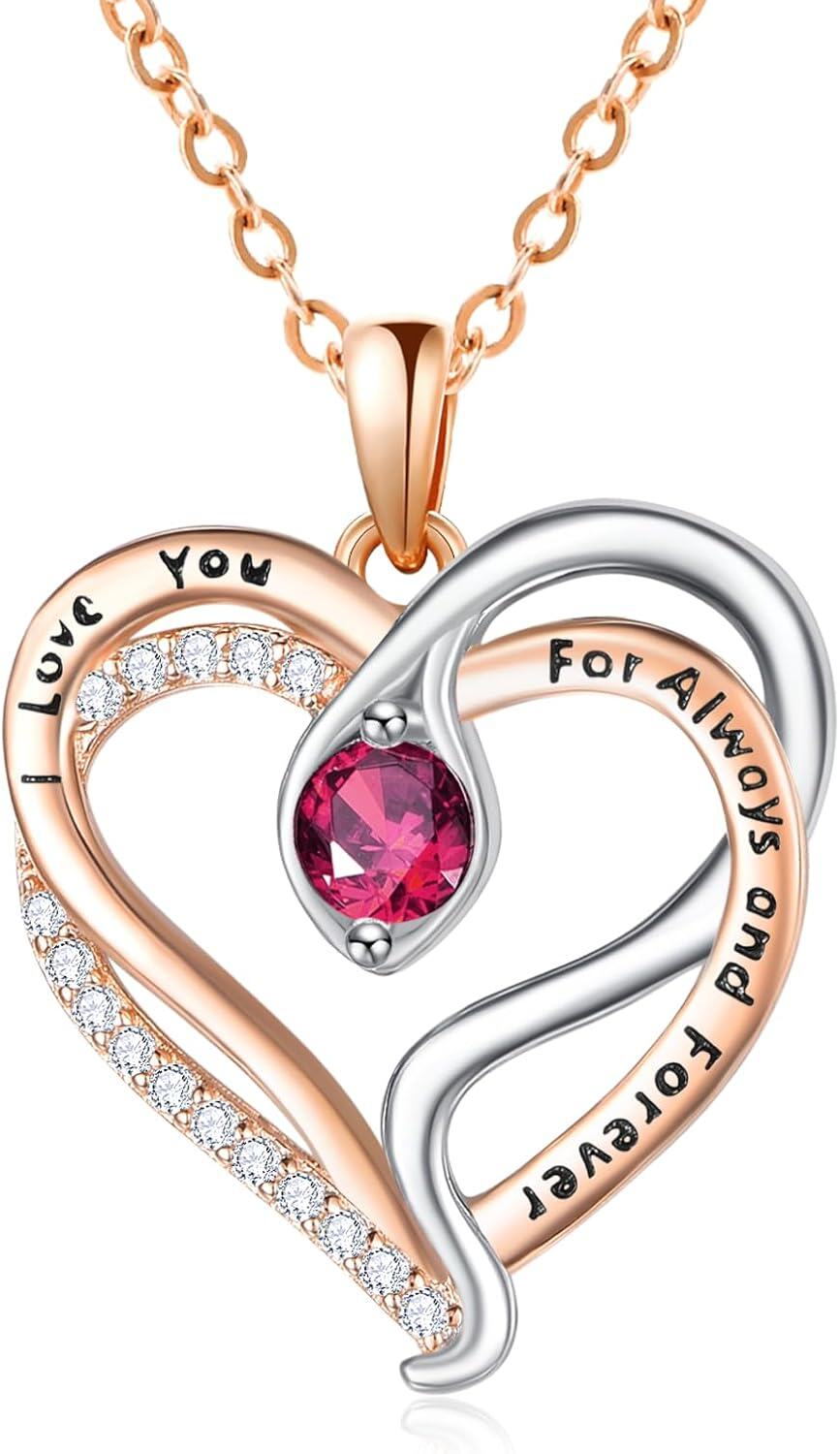 Sterling Silver Rose Gold Snake Pendant with Birthstone I Love You Always Forever Necklace Cute Animal Jewelry Gifts for Women-07 Jul - Ruby