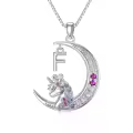 TOUPOP 14k White Gold Plated Pink Zircon Unicorn Moon Initial F Necklace-0-0