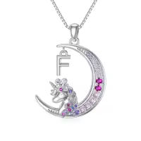 TOUPOP 14k White Gold Plated Pink Zircon Unicorn Moon Initial F Necklace-undefined