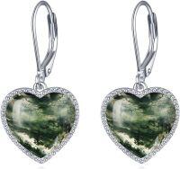 wholesale 925 Sterling Silver Metal Drusy Green Tree Agate Heart Shape Leverback Drop Earring Gifts for Her-Moss Agate Heart