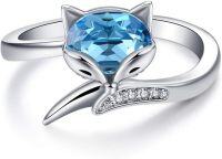 wholesale 925 Sterling Silver Simulated Aquamarine Crystal Fox Ring for Women Adjustable Fox Tail Open Ring Birthday Anniversary Gift for Fox Lovers-Blue