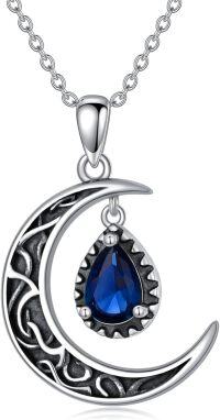 wholesale Sterling Silver Emerald Red Purple Black Rainbow Topaz Green Aquamarine Blue Moss Agate Celtic Moon Teardrop Necklace-Blue