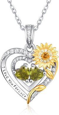 wholesale Sterling Silver 2 Birthstones Sunflower Heart Necklace for Women-08-08-Aug-Aug