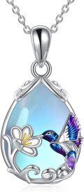 wholesale Sterling Silver Blue Purple Hummingbird Pendant Necklace with Flower Charm-0-0