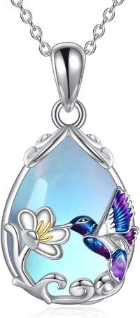 wholesale Sterling Silver Blue Purple Hummingbird Pendant Necklace with Flower Charm-Silver-Hummingbird Necklace with Moonstone