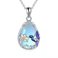 wholesale 925 Sterling Silver Blue Purple Hummingbird Pendant Necklace with Flower Charm-Silver-Hummingbird Necklace with Moonstone