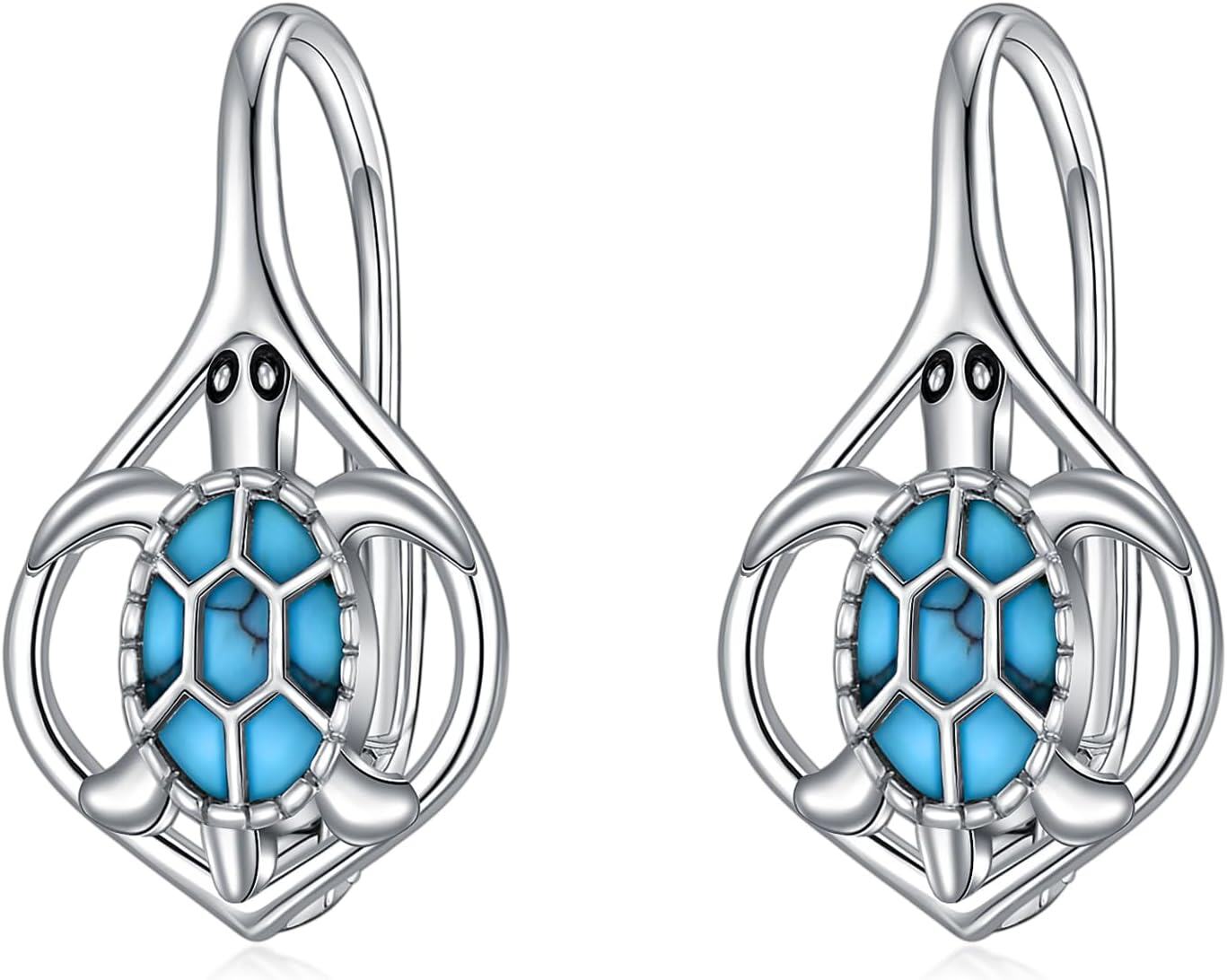 Sterling Silver Turquoise Sea Animal Dangle Earrings-07-Turtle Turquoise