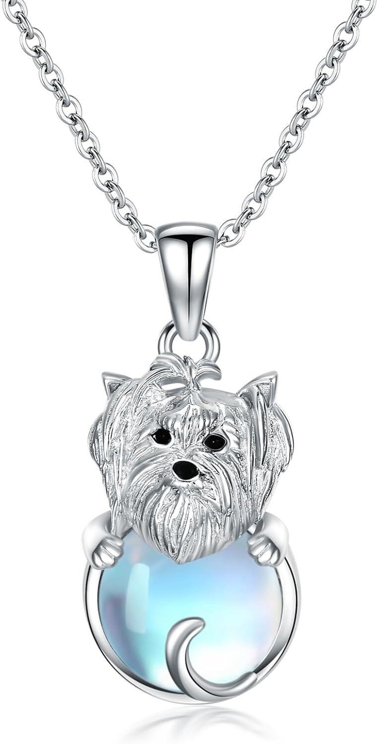 Sterling Silver Moonstone Dog Necklace for Women Memorial Jewelry Gift-Yorkshire