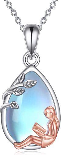 wholesale 925 Sterling Silver Moonstone Pendant with Reading Girl Design - Perfect Gift for Book Lovers and Librarians-Moonstone-Women Book Necklace