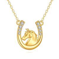 wholesale 14k Gold Horseshoe Necklace Wholesale With Lab Diamond Accents And Horse Head Design-Horseshoe-Horseshoe