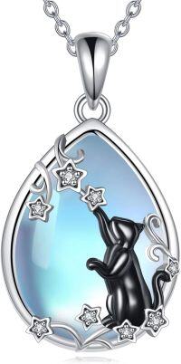 wholesale 925 Sterling Silver Teardrop Moonstone Black Cat Star Pendant Necklace-Black Cat Necklace