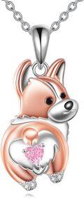 wholesale 925 Sterling Silver Corgi Dog Heart Pink Crystal Pendant Necklace s for Women Animal Lovers-0-0
