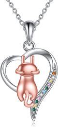 wholesale 925 Sterling Silver Heart-Shaped Pendant with Rose Gold Cat Charm and Multi-Colored Stones - Perfect Gift for Cat Lovers (Jewelry)-0-0