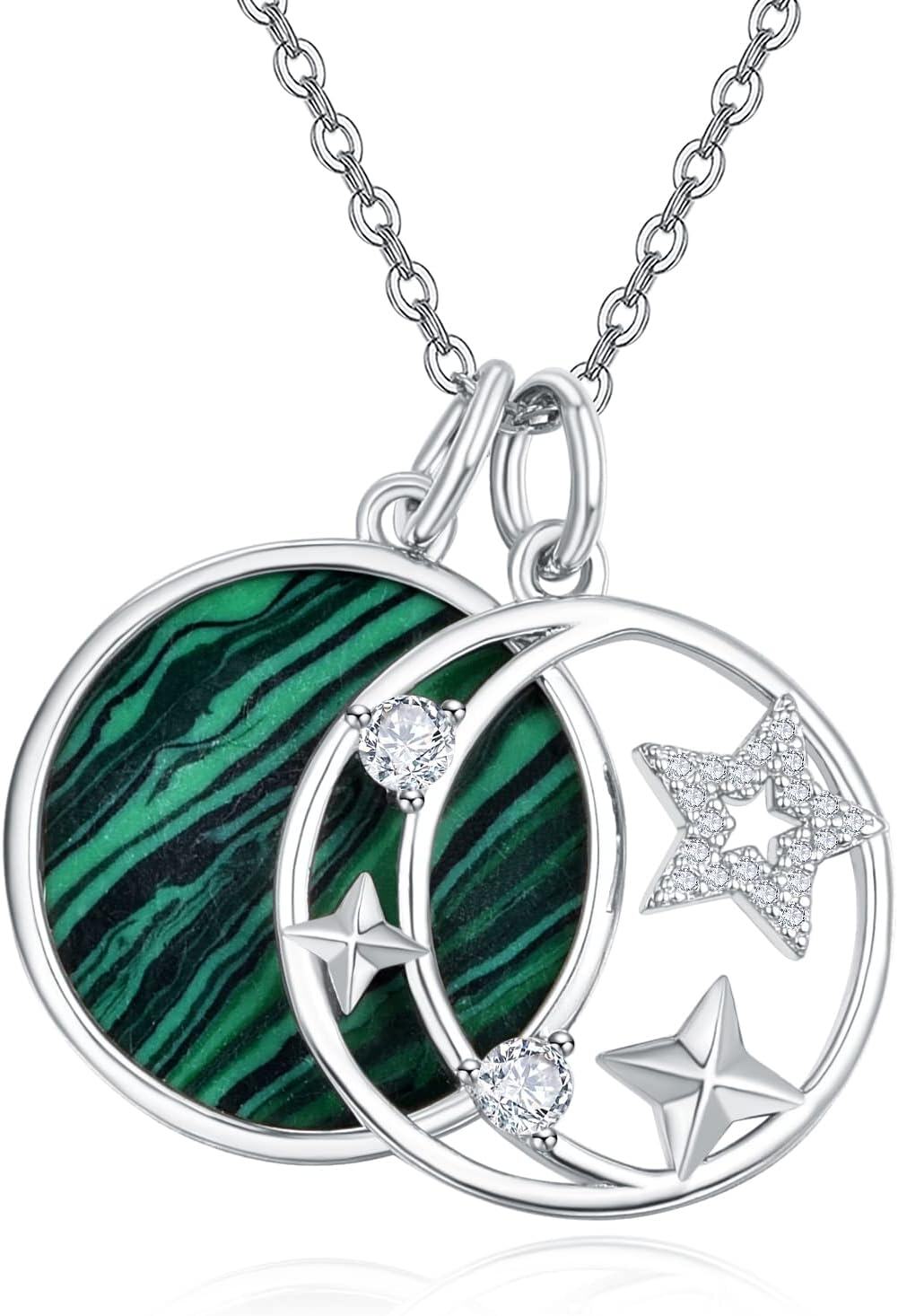  Sterling Silver Silver Abalone Pink Fritillary Malachite Moon Star Pendant Necklace -0-0