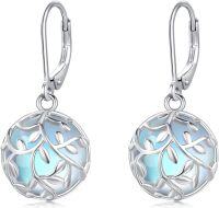 wholesale 925 Sterling Silver Blue Opalite Round Leaf Design Leverback Drop Earrings-Tree of Life-A