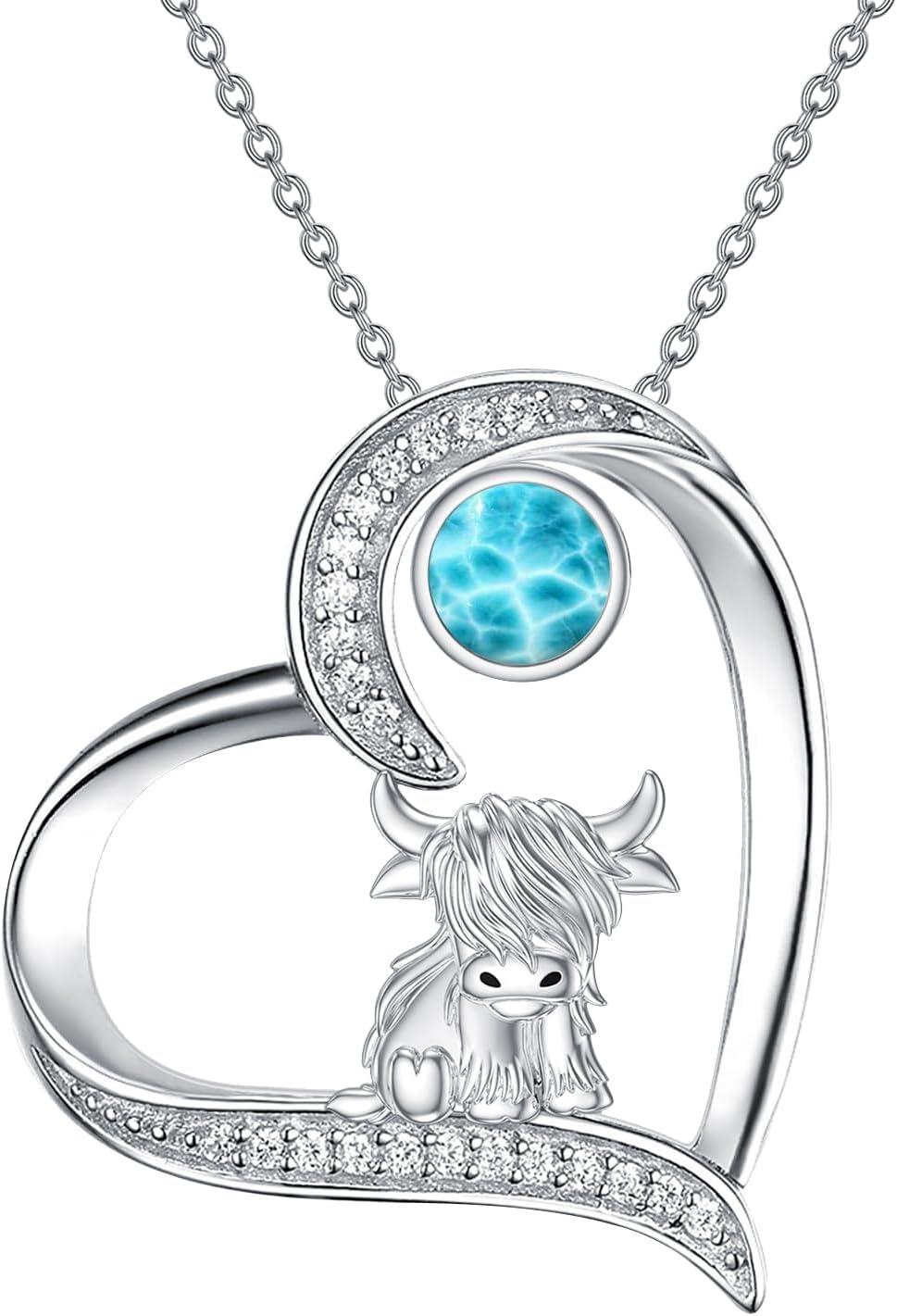 Sterling Silver Highland Cow Birthstone Necklace Jewelry Gifts for Women Girls-3-7-Larimar-3-7-Larimar