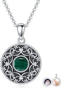 wholesale Sterling Silver Round Picture Locket Necklace Holds 2 Photos Jewelry Gift-Malachite Locket Only+Photo+Text-Malachite Locket Only