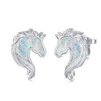 wholesale 925 Sterling Silver Opal Horse Head Stud Earrings with White Stone Accents-Horse