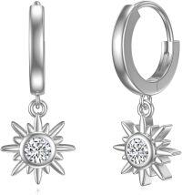 wholesale 925 Sterling Silver CZ Sun & Moon Drop Hoop Earrings for Women Girls  4cm Long-Sun