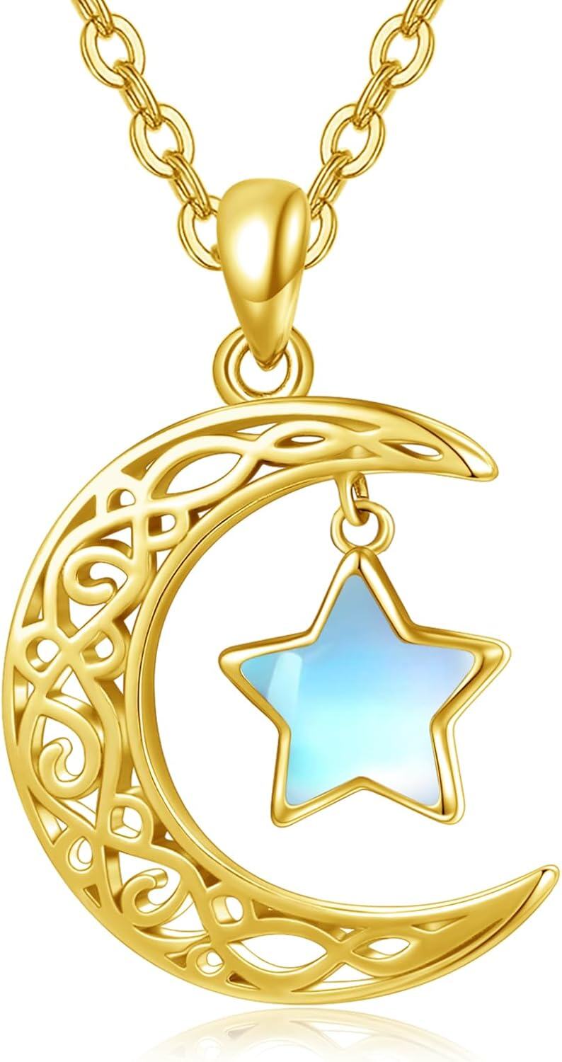 Sterling Silver Moon Star Necklace Celestial Pendant for Women-Gold Moonstone Moon Star