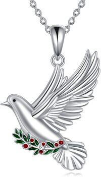 wholesale 925 Sterling Silver Dove with Red Berries and Green Leaves Religious Pendant Necklace-Dove