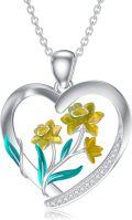 wholesale 925 Sterling Silver Yellow Enamel Daffodil Heart Pendant Necklace for Women-0-0