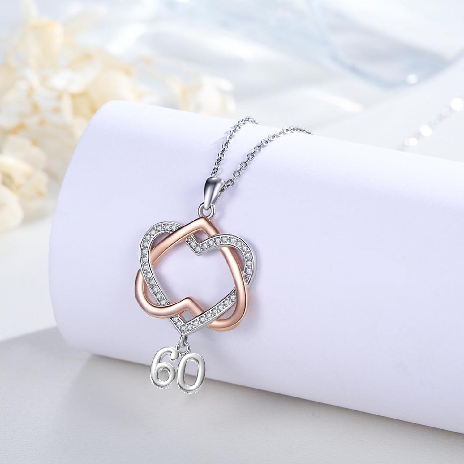 wholesale 925 Sterling Silver Double Heart with 60th Anniversary Charm Pendant Necklace s for Women and Girls-0-1