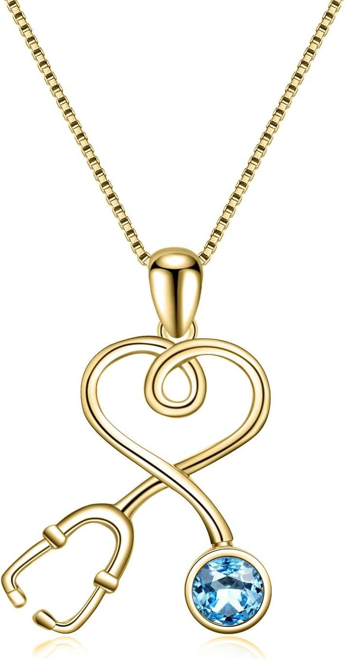 wholesale 925 Sterling Silver Plated Gold Infinity Heart Stethoscope Pendant Necklace with Cubic Zirconia Accent for Nurses Doctors Gifts-Auqa Blue