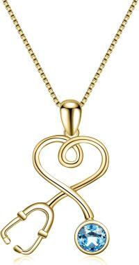 wholesale 14k Gold Plated Sterling Silver Birthstone Crystal Stethoscope Necklace-Auqa Blue