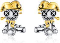 wholesale 925 Sterling Silver Metal Jester Skull Stud Earrings - Gothic Horror Halloween Jewelry-Clown Voodoo Doll