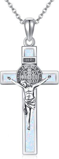 wholesale Sterling Silver Crucifix St Benedict Medals Pendant Necklace for Women Men-opal cross