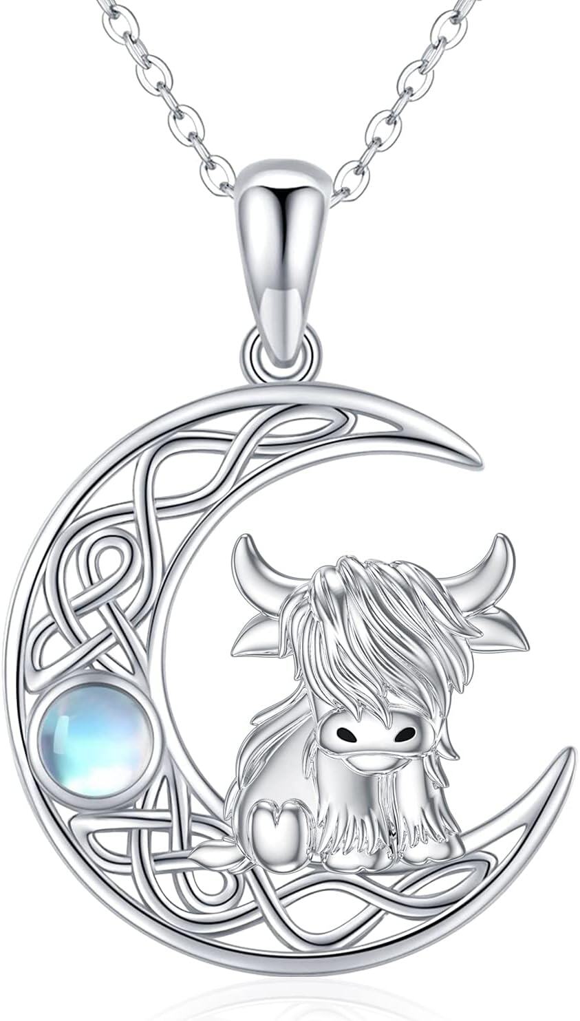 Sterling Silver Highland Cow Birthstone Necklace Jewelry Gifts for Women Girls-Celtic Moon-Celtic Moon