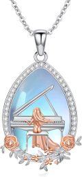 wholesale 925 Sterling Silver Moonstone Piano Girl Pendant Necklace with Rose Gold Accents and Cubic Zirconia Stones-0-0