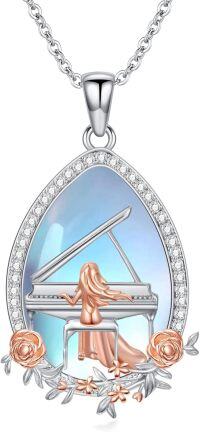 wholesale 925 Sterling Silver Moonstone Piano Girl Pendant Necklace with Rose Gold Accents and Cubic Zirconia Stones-Piano