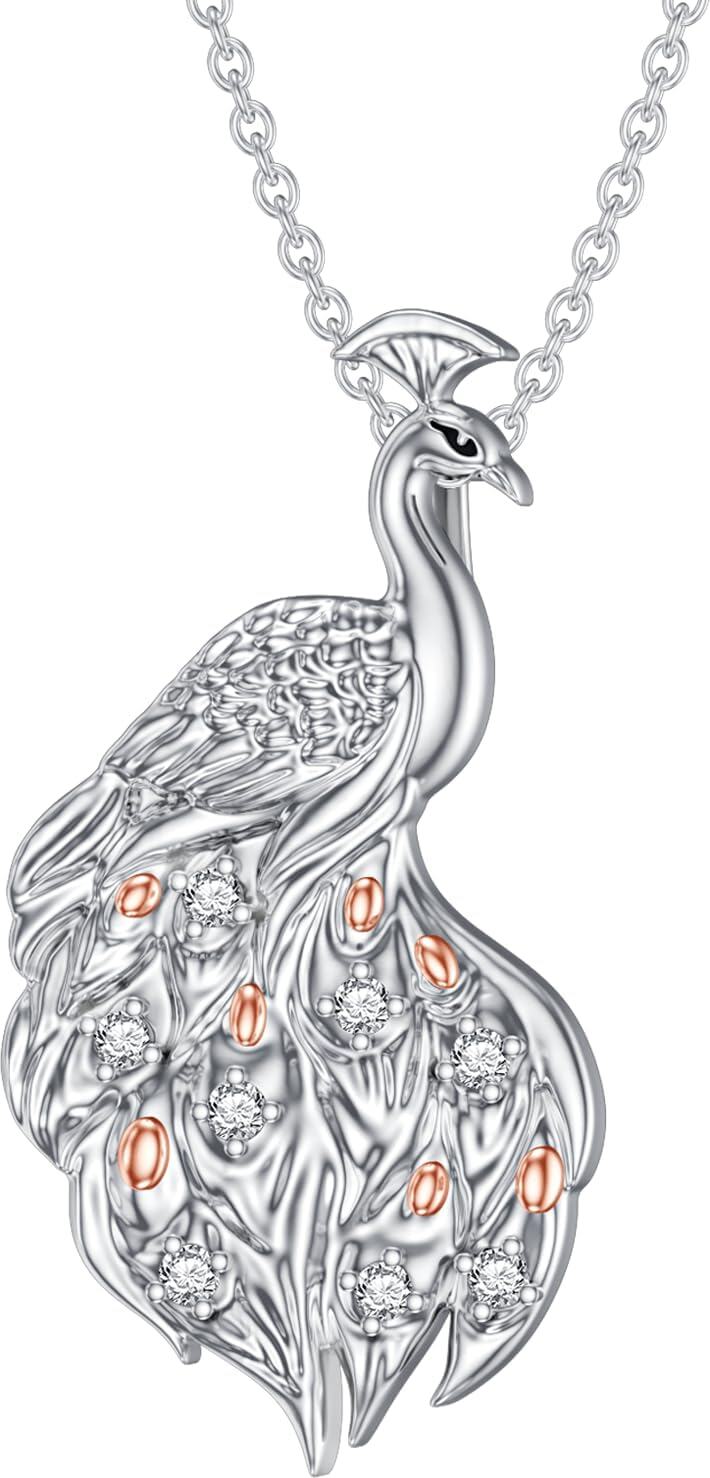 925 Sterling Silver Diamond & Rose Gold Plated Jade Peacock Pendant Necklace-0-0