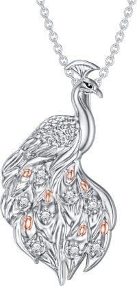 wholesale 925 Sterling Silver Cubic Zirconia & Rose Gold Plated Jade Peacock Pendant Necklace-01-White-Diamond