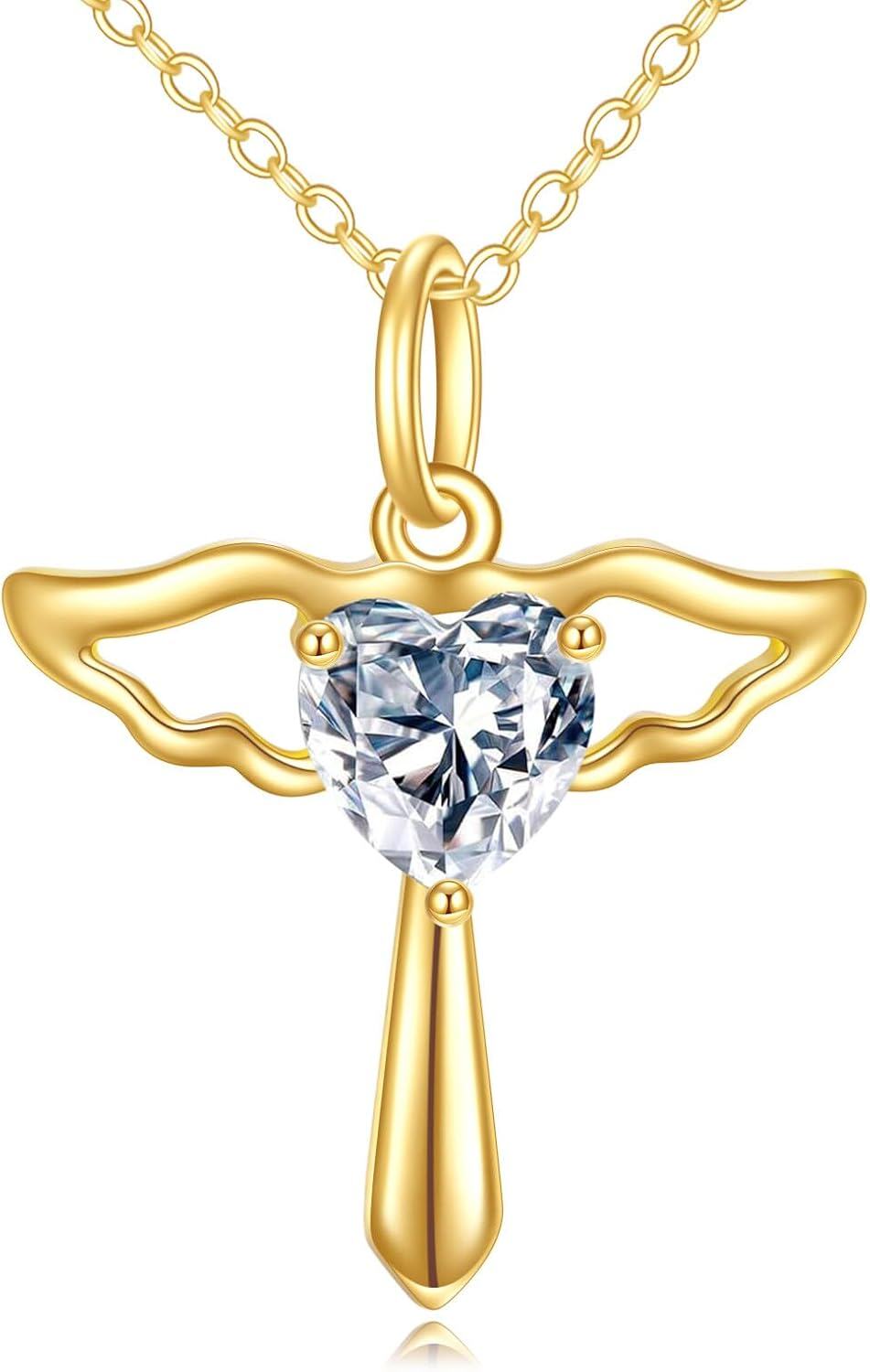 wholesale 14K Gold Angel Wings Heart Shaped Crystal Pendant Necklace for Women-0-0