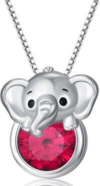 wholesale 925 Sterling Silver Birthstone Elephant Pendant Necklace for Women-July - Ruby