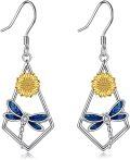 wholesale 925 Sterling Silver Blue Enamel Sunflower & Dragonfly Dangle Earrings for Women Girls Gifts 2 Long-0-0