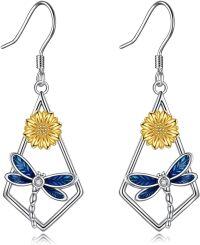 wholesale 925 Sterling Silver Blue Enamel Sunflower & Dragonfly Dangle Earrings for Women Girls Gifts 2 Long-Dragonfly Sunflower Earrings
