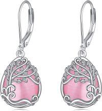 wholesale Sterling Silver Moonstone Leverback Teardrop Dangle Earrings for Women-CC-Tree of Life Pink Opal