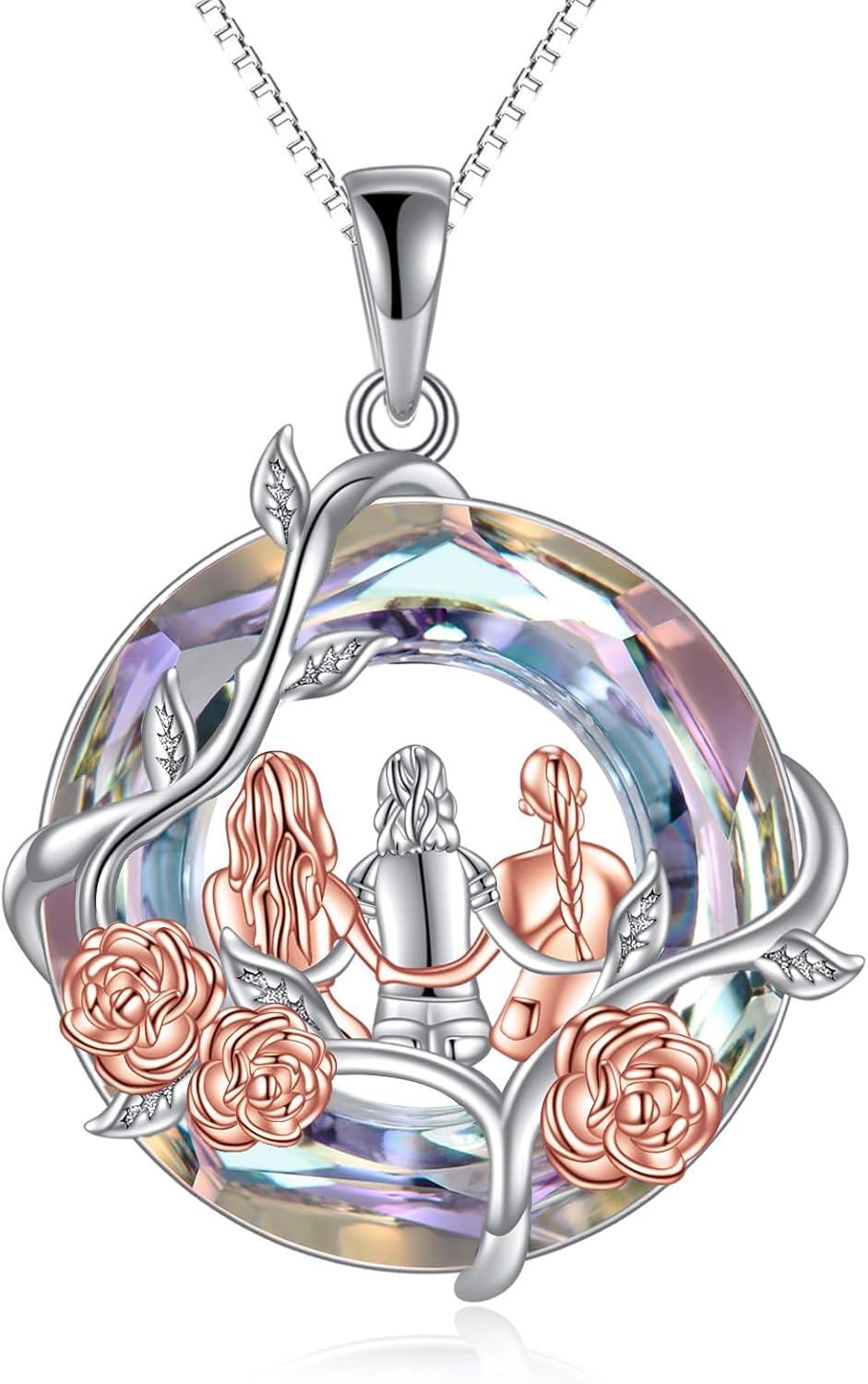 925 Sterling Silver Rainbow Crystal Rose Flower Sisters Circle Pendant Necklace-0-0